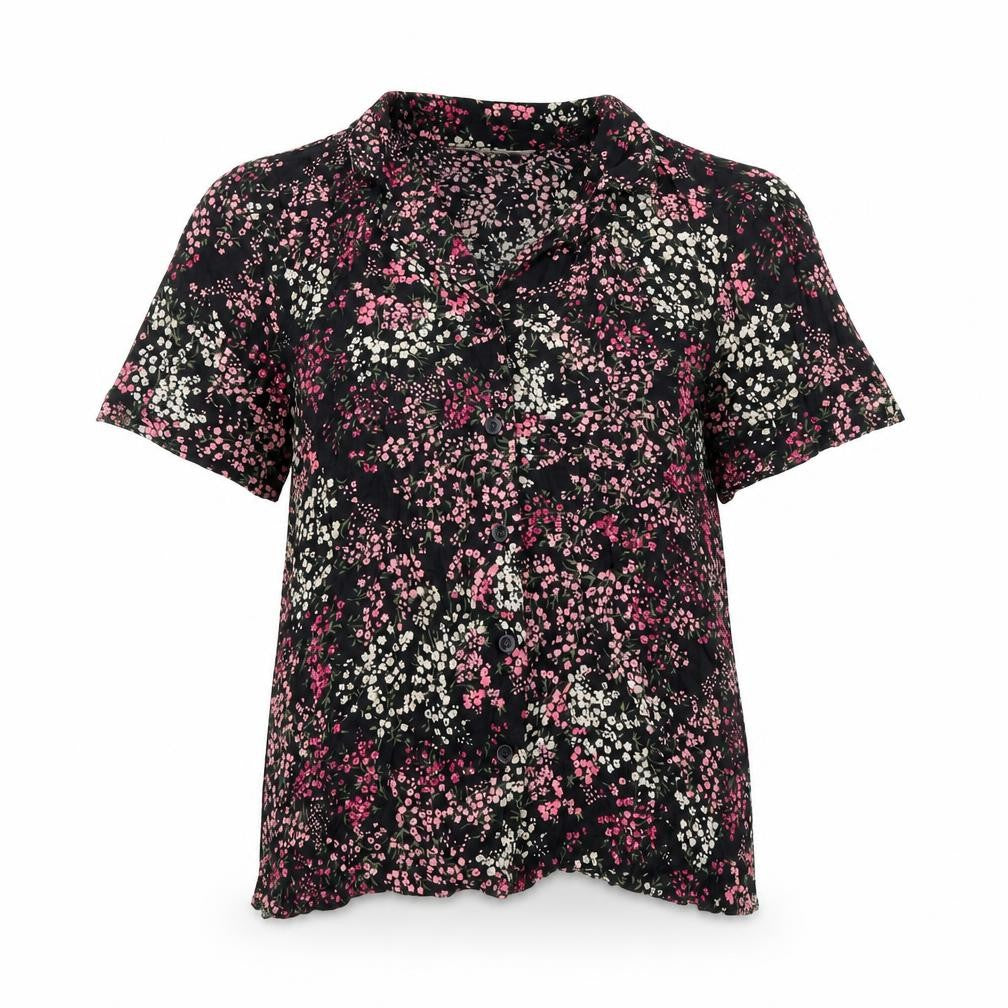 Front view of Bonmarché women’s black floral viscose basic button-up, size UK 12, collared