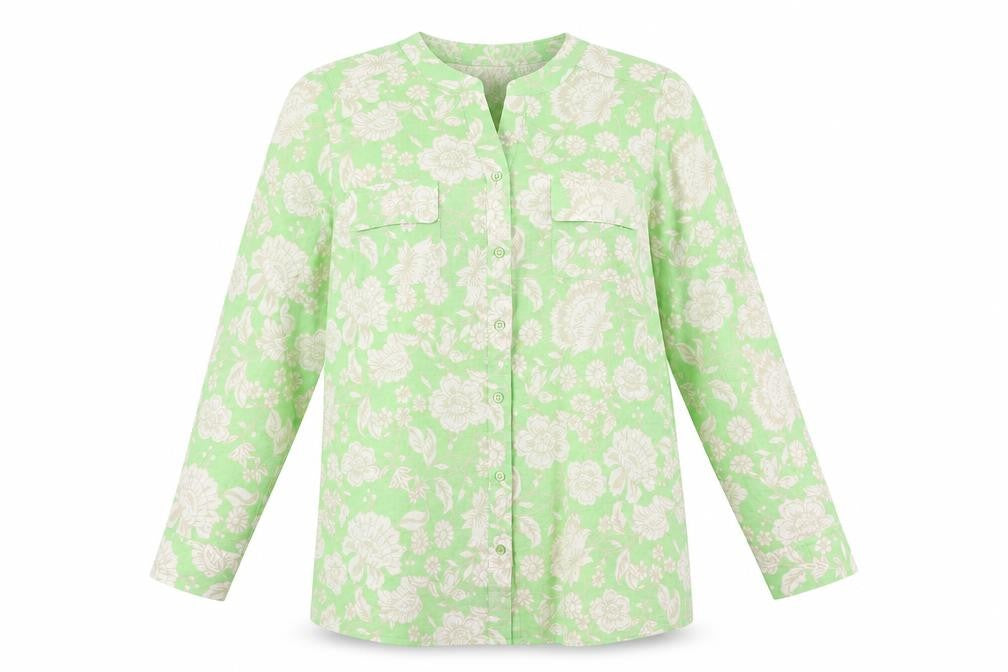 Front view of D&Co. women’s green floral polyester basic blouse, size L, v-neck