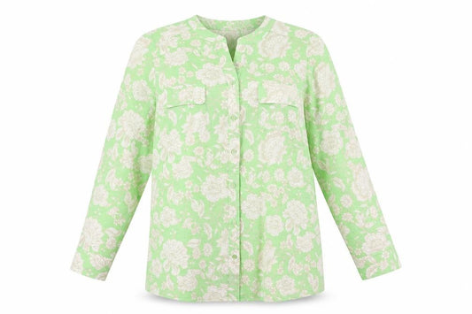 Front view of D&Co. women’s green floral polyester basic blouse, size L, v-neck