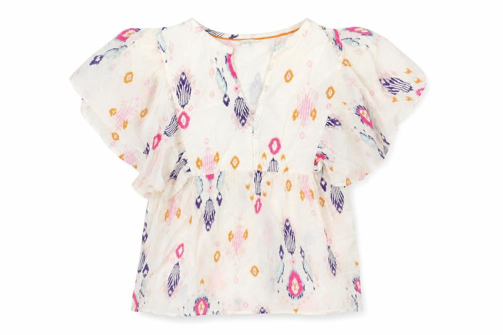 Front view of Per Una women’s multicoloured geometric 100% cotton basic blouse, size UK 8, v-neck