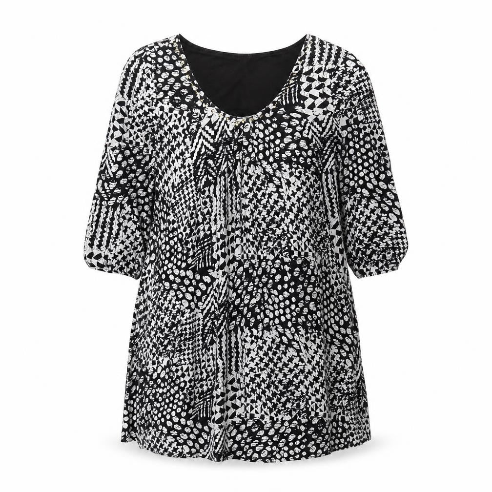 Front view of Izabel London women’s black geometric viscose shift, size UK 10, scoop neck pullover