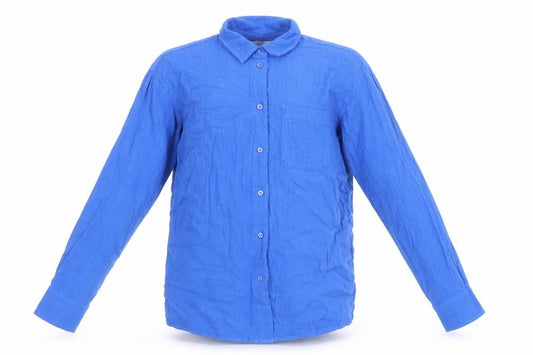 Front view of Marks & Spencer boys’ blue 100% cotton basic button-up, size 8-9, years collared button