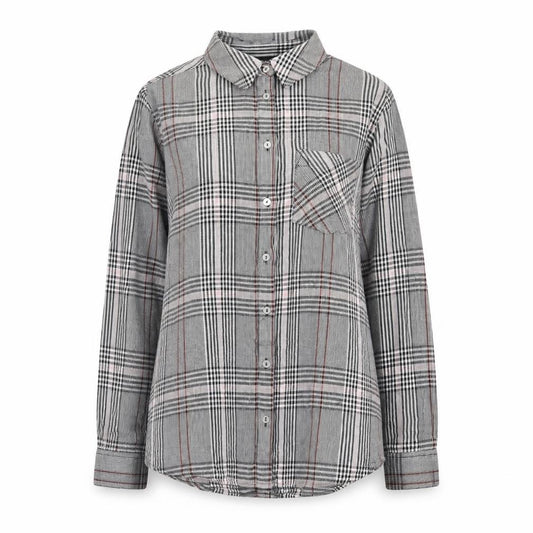 Front view of Dorothy Perkins women’s grey plaid viscose basic button-up, size UK 8, collared