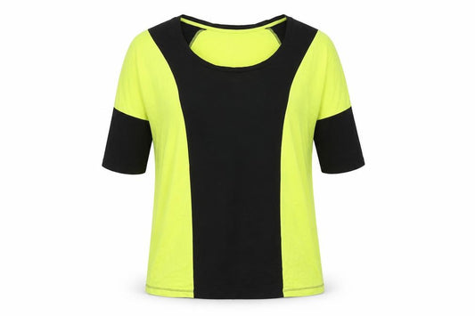 Front view of Patch women’s yellow viscose basic t-shirt, size XS, scoop neck pullover - colourblock