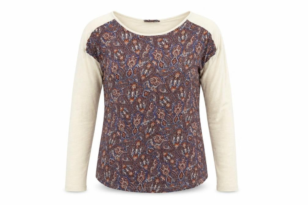 Front view of Beesk women’s multicoloured round neck geometric linen jumper, size L