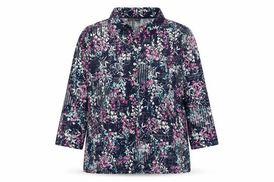 Front view of Anna Rose women’s blue geometric polyester basic button-up, size XL, v-neck