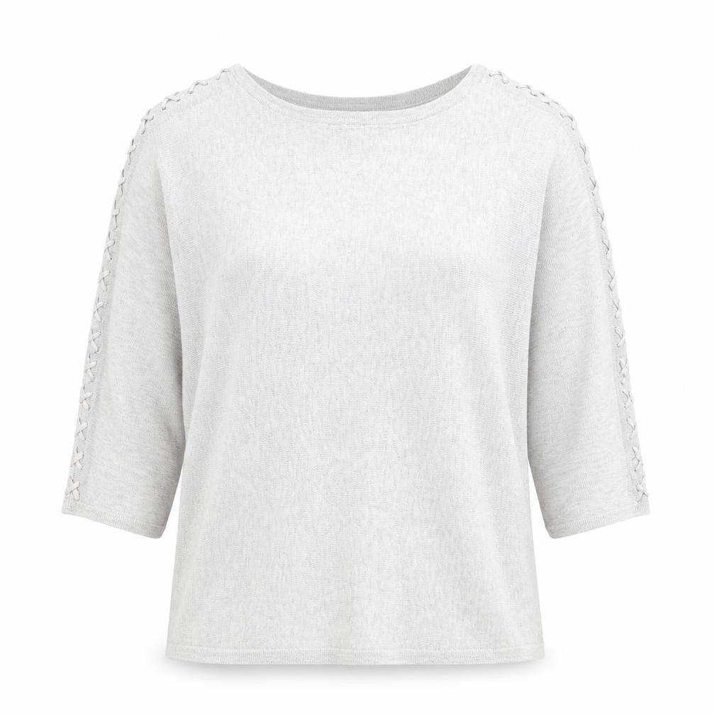 Front view of M&Co women’s grey round neck viscose jumper, size UK 8