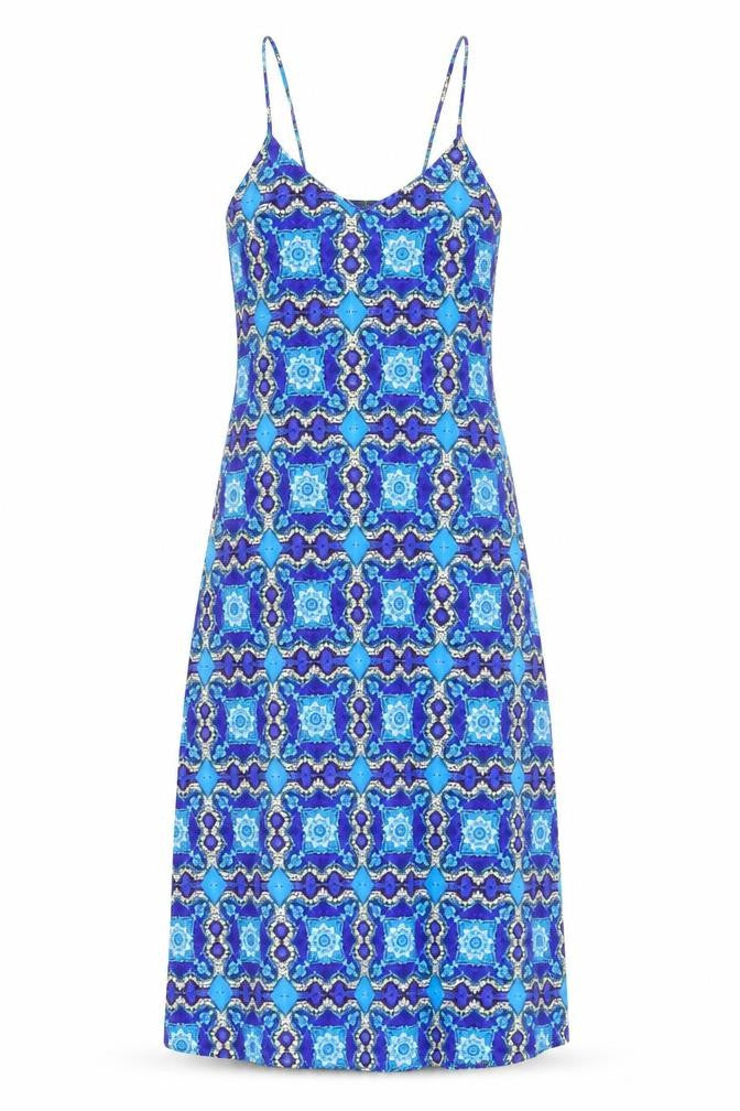 Front view of Topshop women’s blue geometric polyester slip dress, size M, v-neck pullover