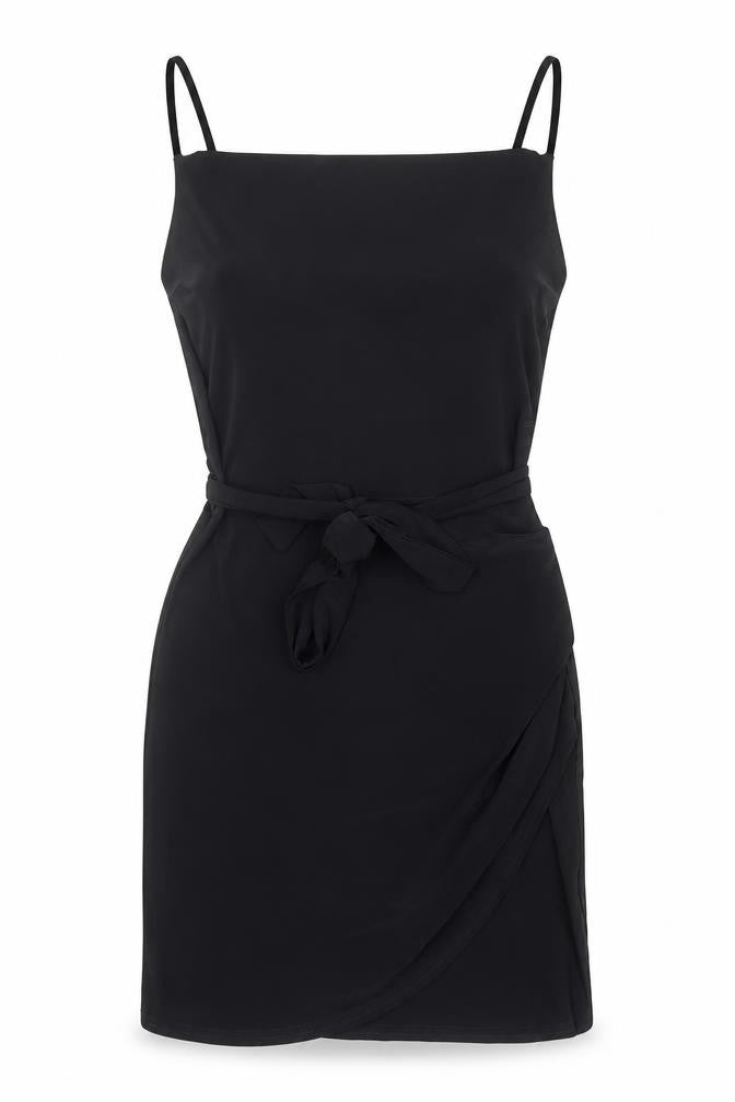 Front view of Love women’s black polyester slip dress, size S, square neck pullover