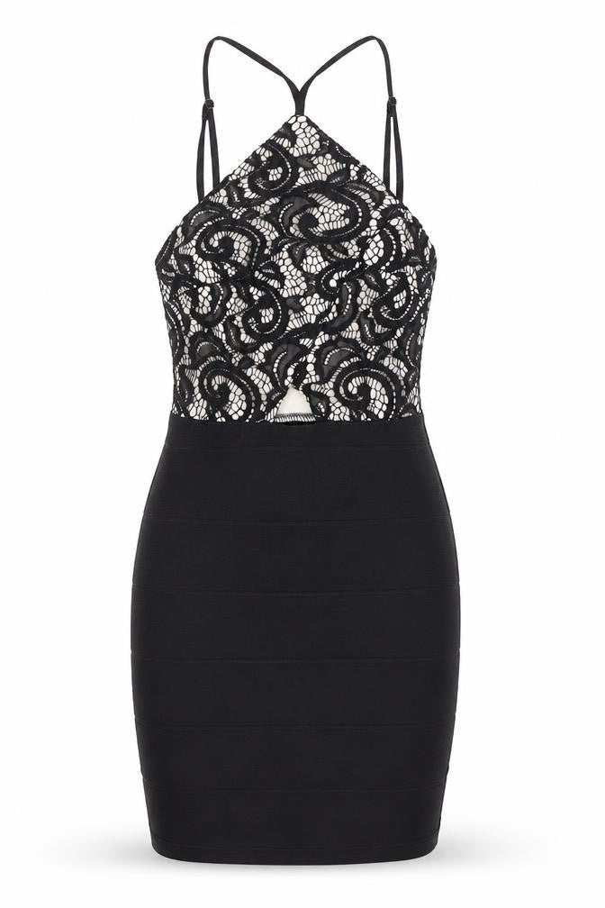 Front view of Lipsy women’s black floral polyester bodycon, size UK 6, halter zip