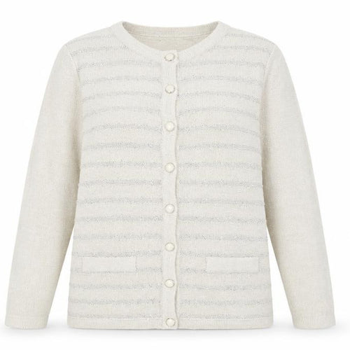 Preworn Womens Beige Round Neck Striped Acrylic Cardigan Jumper Size M