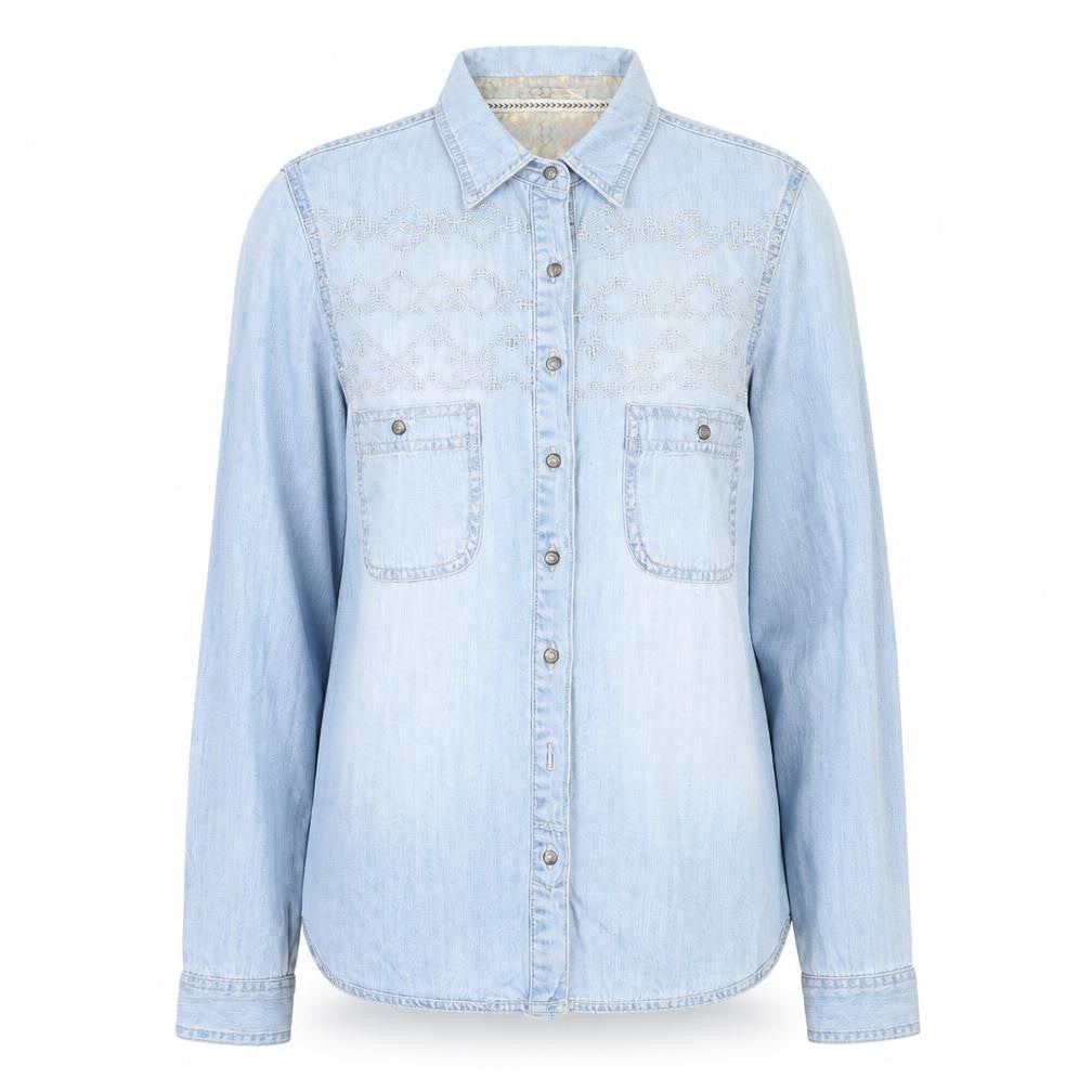 Front view of River Island women’s blue cotton basic button-up, size UK 6, collared