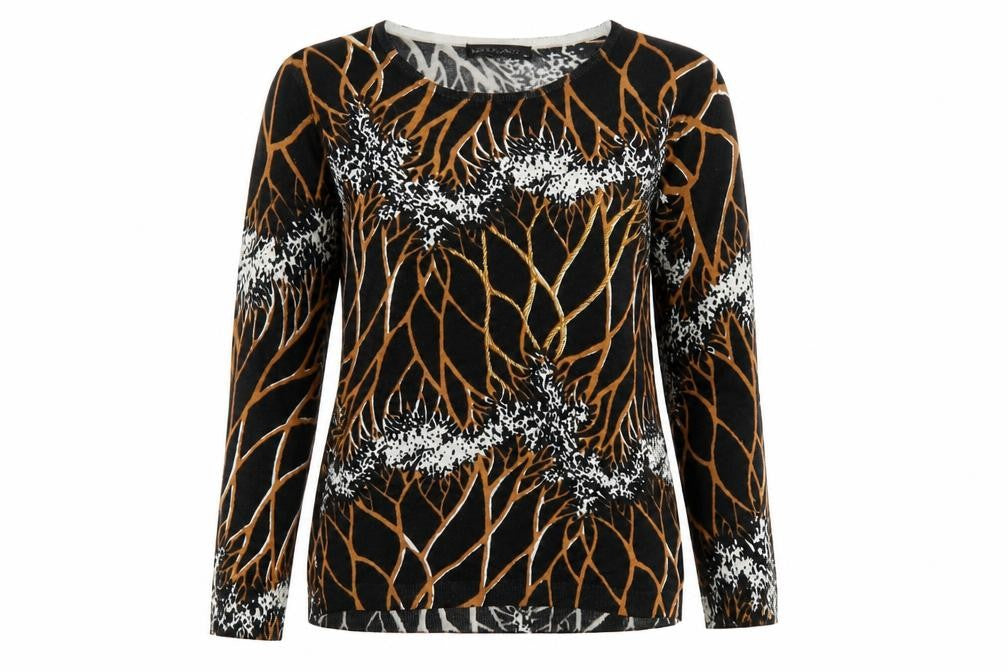 Front view of Just Elegance women’s black round neck geometric acrylic jumper, size M