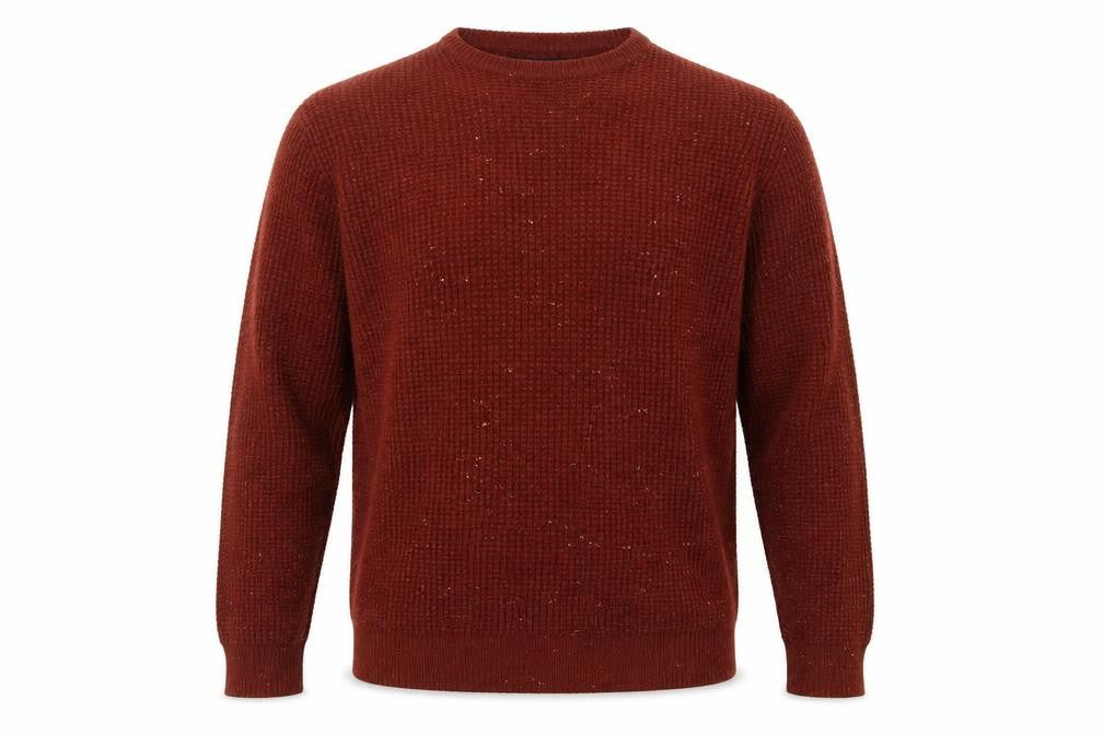 Front view of Cedarwood State men’s brown round neck acrylic jumper, size S, long sleeve