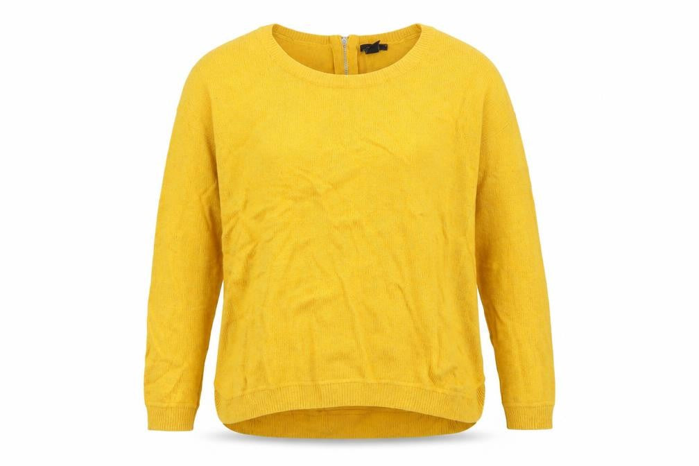 Front view of H&M women’s yellow round neck acrylic jumper, size M