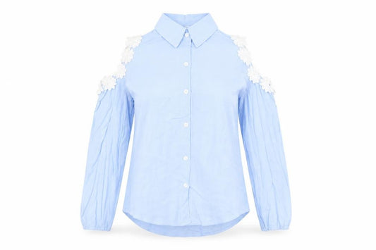 Front view of Preworn women’s blue polyester basic button-up, size S, collared