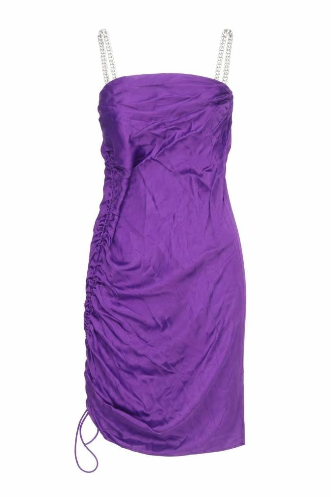 Front view of Zara women’s purple polyester sheath, size S, cowl neck pullover - chain straps