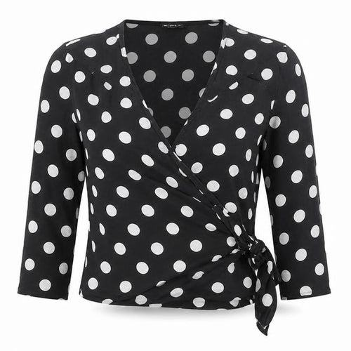 Mixit Womens Black Polka Dot Viscose Wrap Blouse Size 8 V-Neck - Cropped