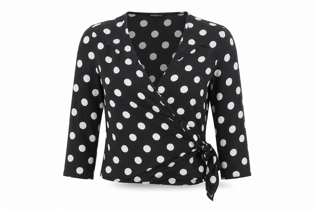 Mixit Womens Black Polka Dot Viscose Wrap Blouse Size 8 V-Neck - Cropped