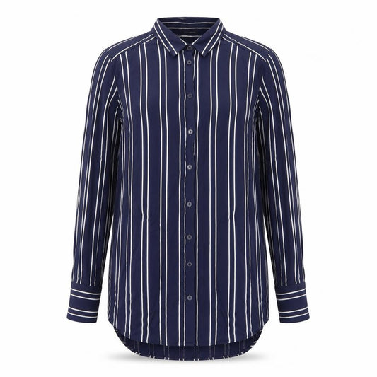 Front view of Marks & Spencer women’s blue striped viscose basic button-up, size UK 12, v-neck