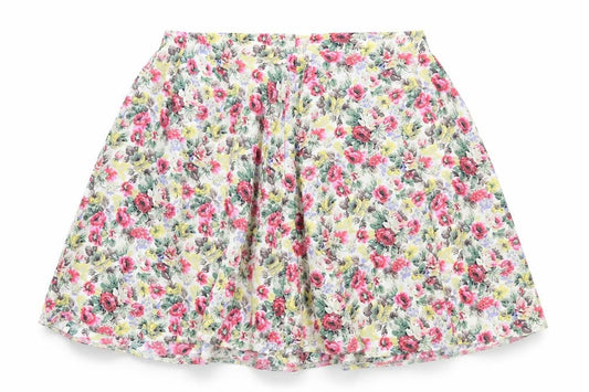 Front view of Preworn women’s multicoloured floral viscose skater skirt, size M, zip