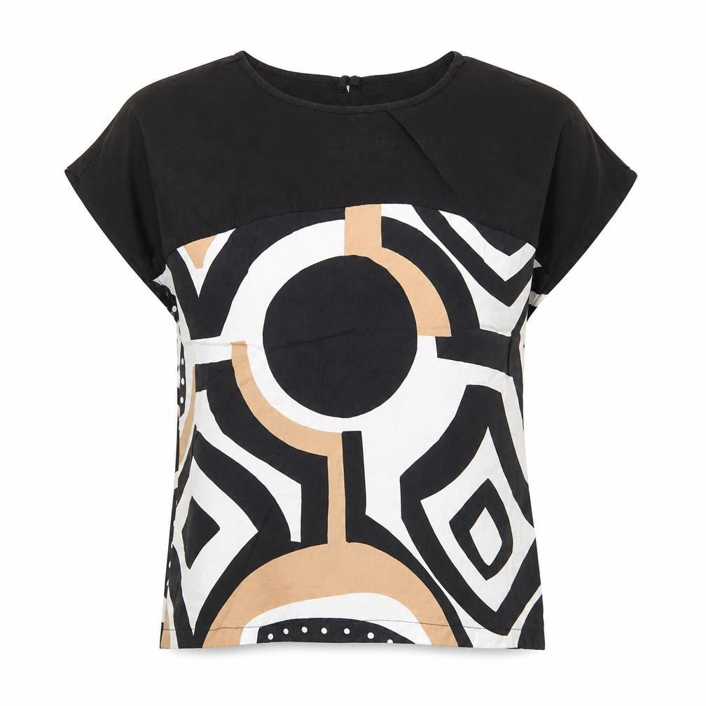 Front view of Tu women’s black geometric viscose basic t-shirt, size UK 8, round neck