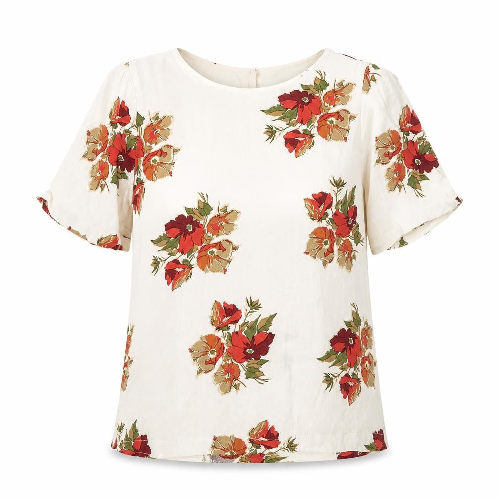 Front view of Topshop women’s ivory floral viscose basic blouse, size UK 6, round neck - open back