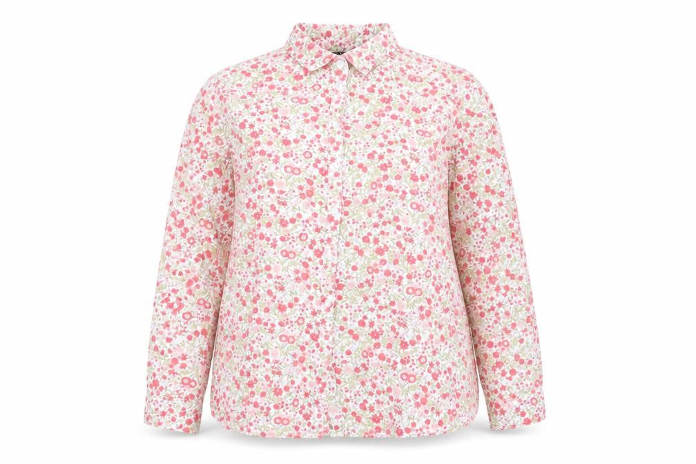 Front view of Isle Essentials women’s pink floral viscose basic button-up, size UK 16, v-neck