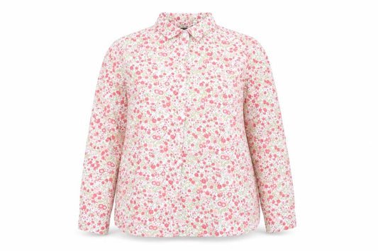 Front view of Isle Essentials women’s pink floral viscose basic button-up, size UK 16, v-neck
