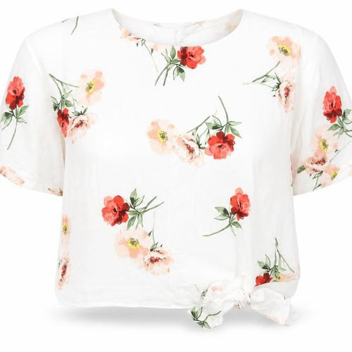 Preworn Womens White Floral Viscose Basic Blouse Size M Scoop Neck - Side Tie Detail