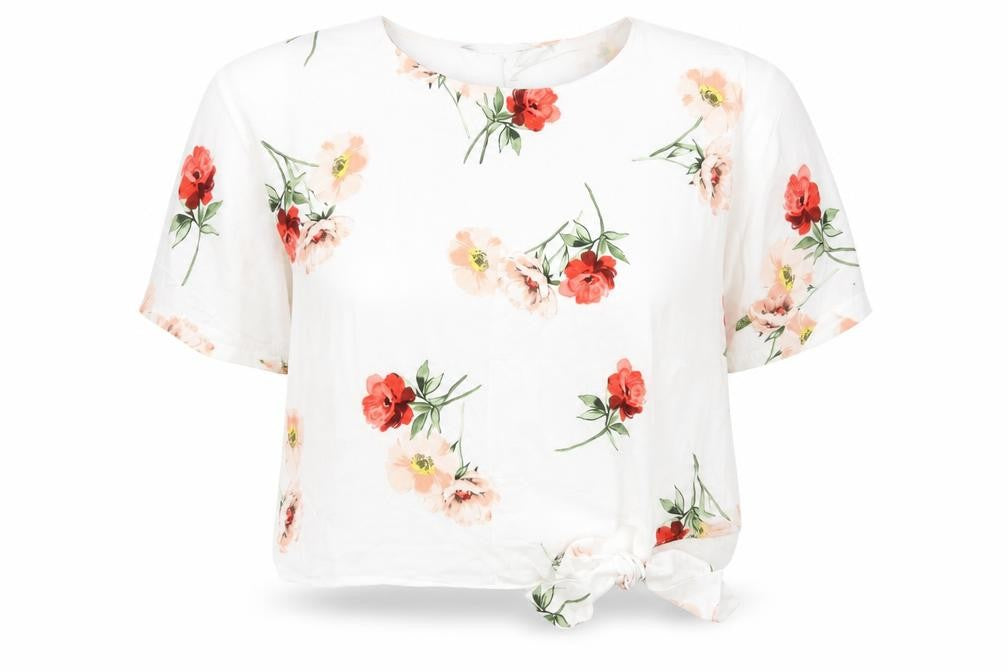 Preworn Womens White Floral Viscose Basic Blouse Size M Scoop Neck - Side Tie Detail