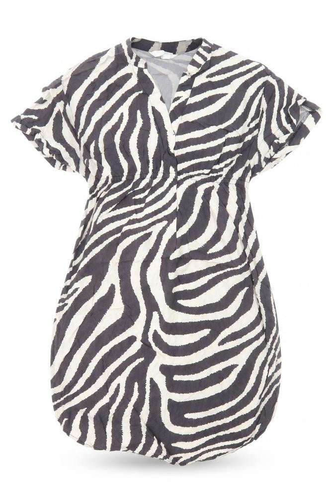 Front view of H&M women’s black animal print viscose mini, size S, v-neck pullover - zebra print