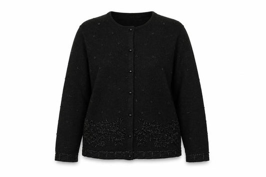 Front view of Jumper women’s black round neck acrylic cardigan jumper, size M