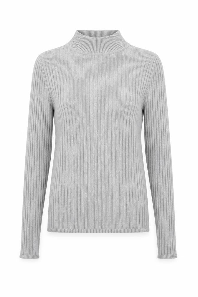 Front view of Atmosphere women’s grey mock neck viscose jumper, size UK 12
