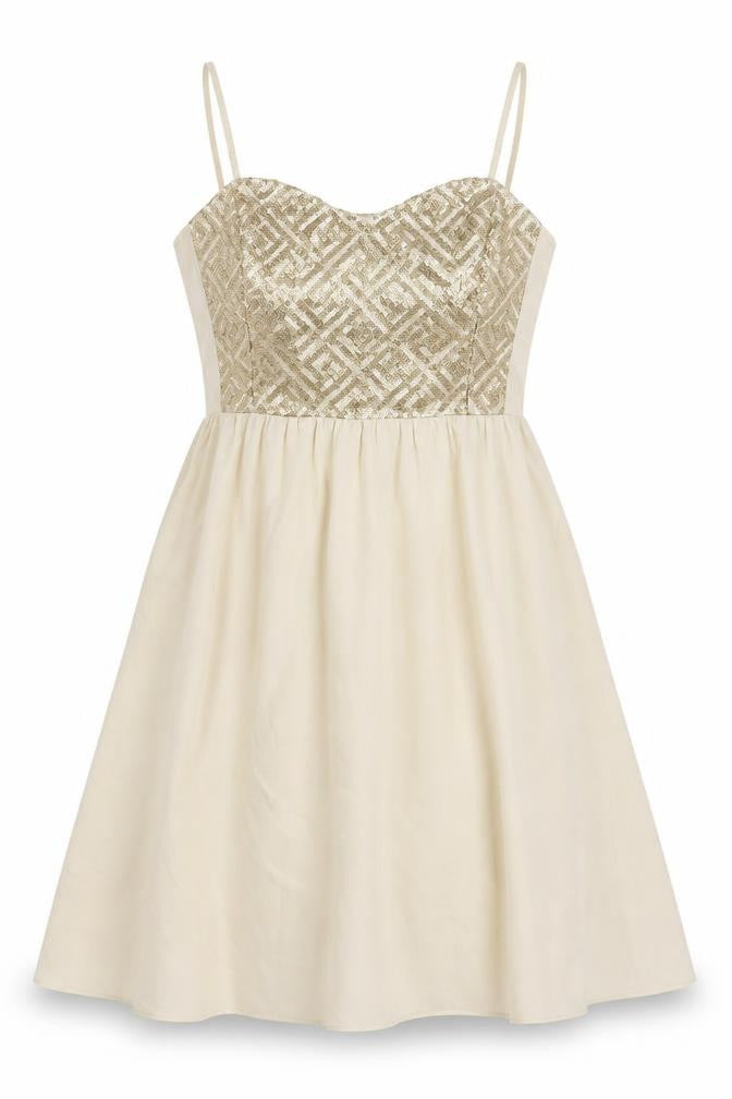 Front view of H&M women’s ivory polyester fit & flare, size UK 12, sweetheart zip