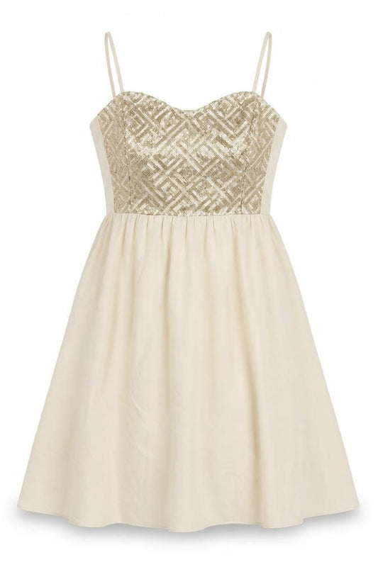 Front view of H&M women’s ivory polyester fit & flare, size UK 12, sweetheart zip