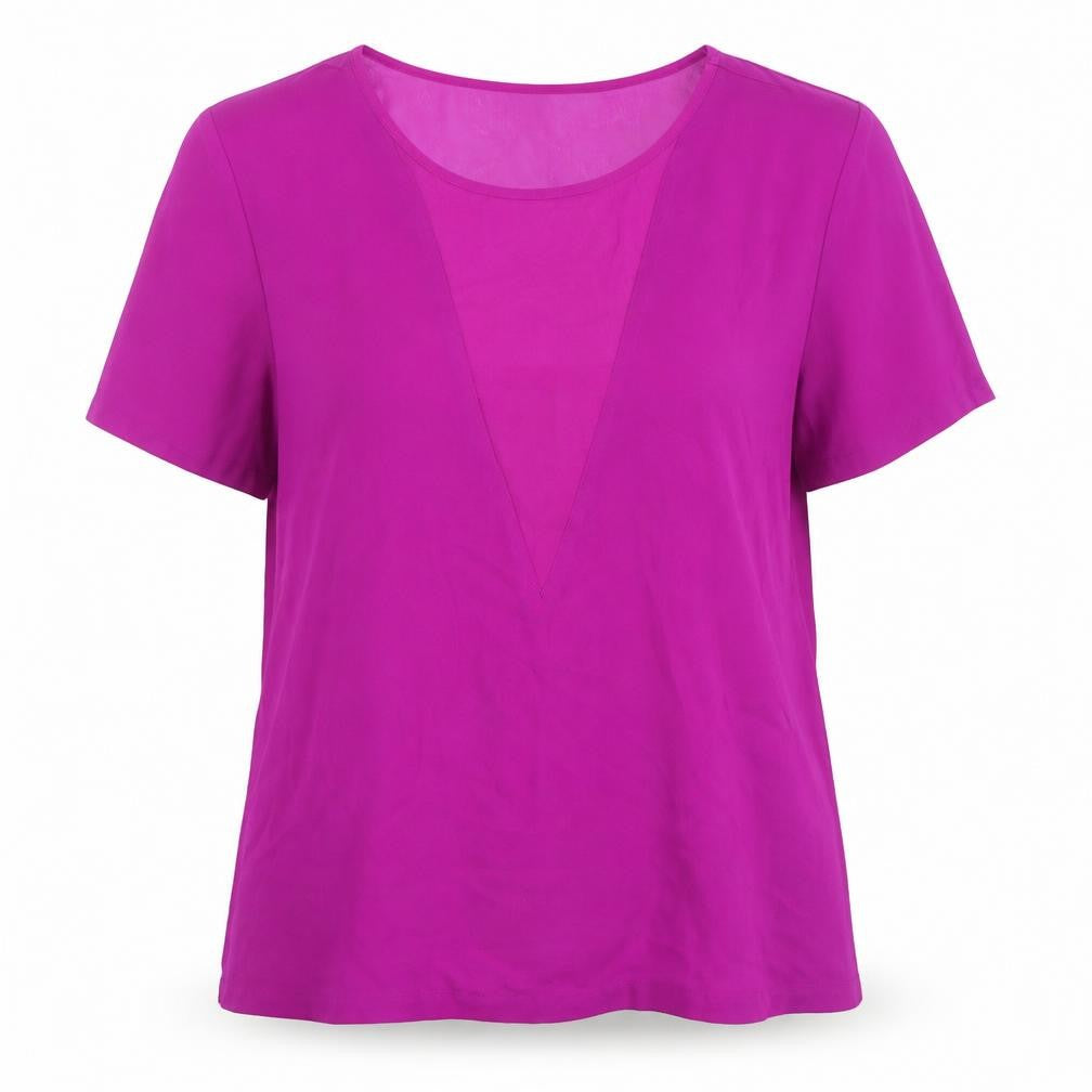 Front view of Warehouse women’s purple polyester basic t-shirt, size UK 10, round neck