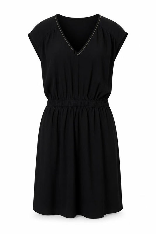 Front view of H&M women’s black polyester fit & flare, size UK 6, v-neck pullover