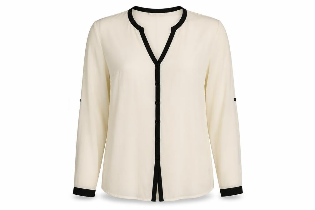 Front view of Coleen women’s ivory striped polyester basic button-up, size UK 10, v-neck