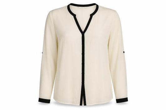 Front view of Coleen women’s ivory striped polyester basic button-up, size UK 10, v-neck