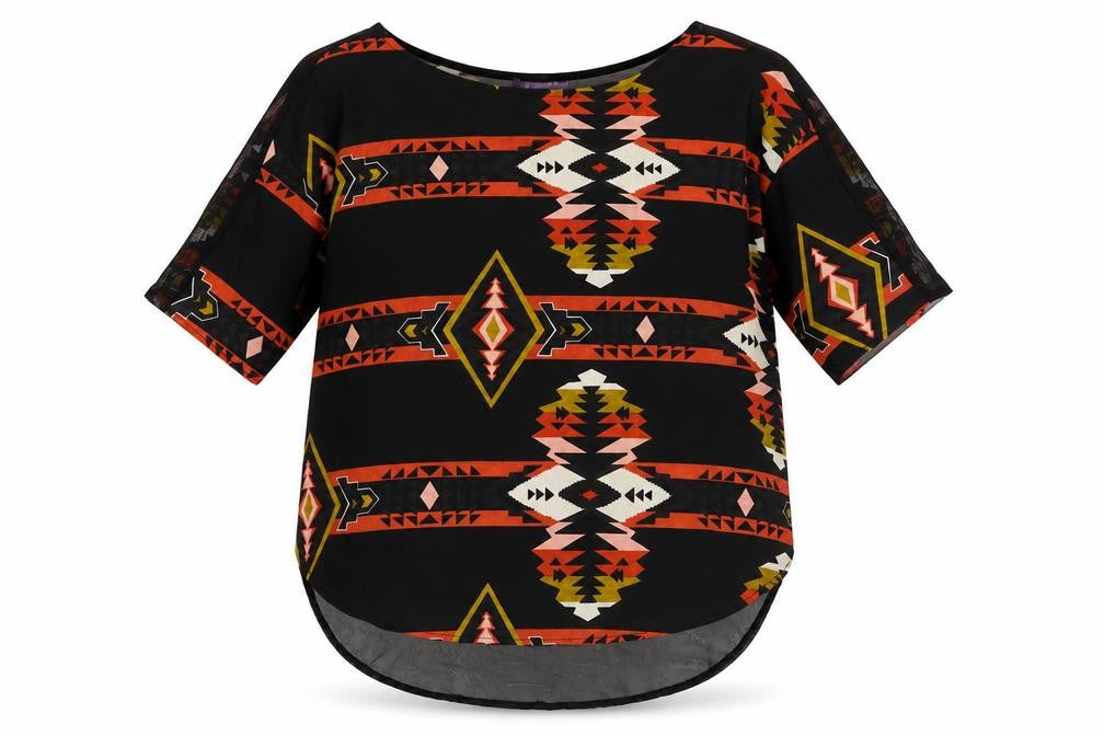 Front view of Purple women’s black geometric polyester basic blouse, size M, round neck