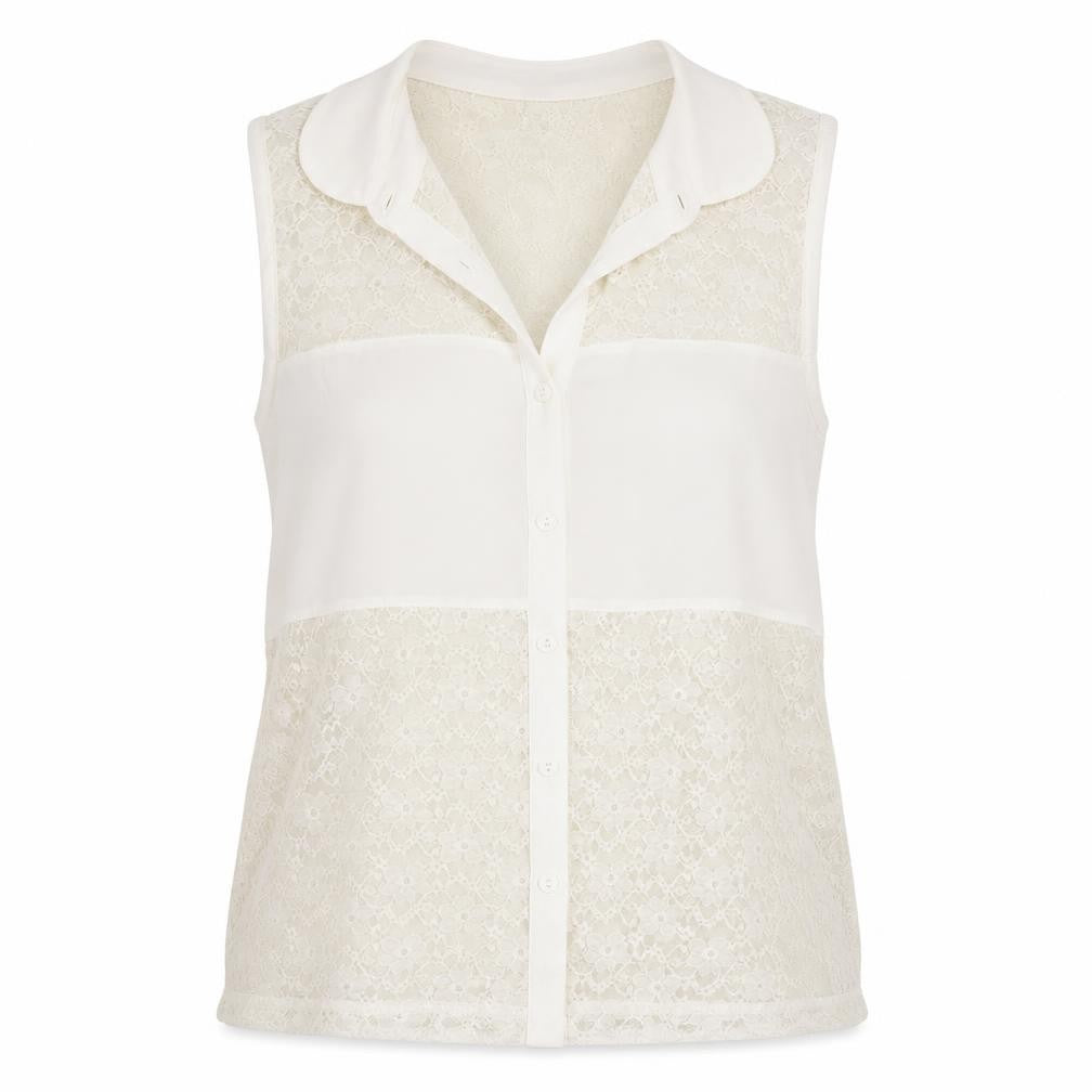 Front view of Preworn women’s ivory floral polyester basic blouse, size XS, collared