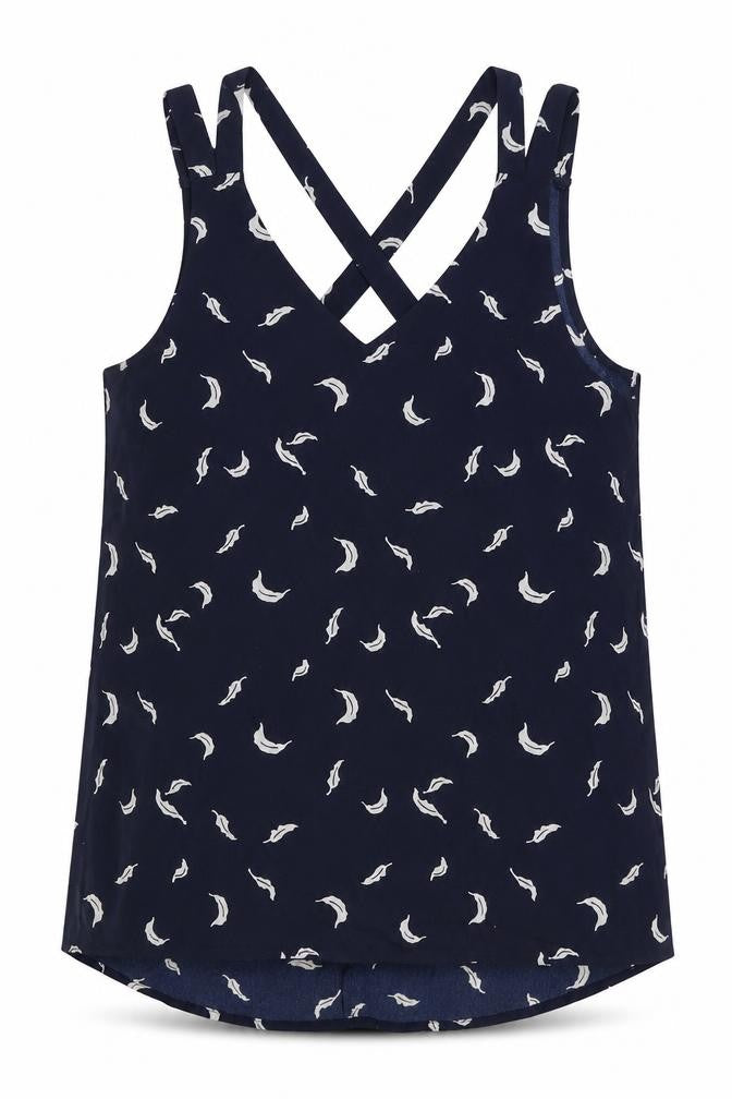 Front view of Stella Morgan women’s blue geometric polyester basic tank, size UK 10, v-neck - leaf print