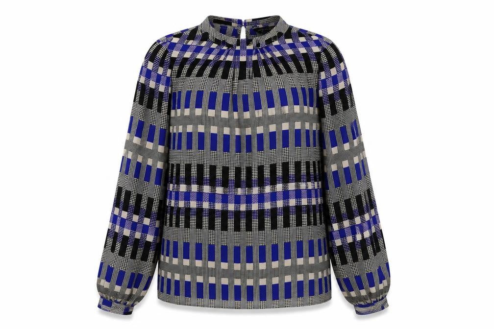 Front view of Dorothy Perkins women’s blue geometric polyester basic blouse, size UK 12, round neck