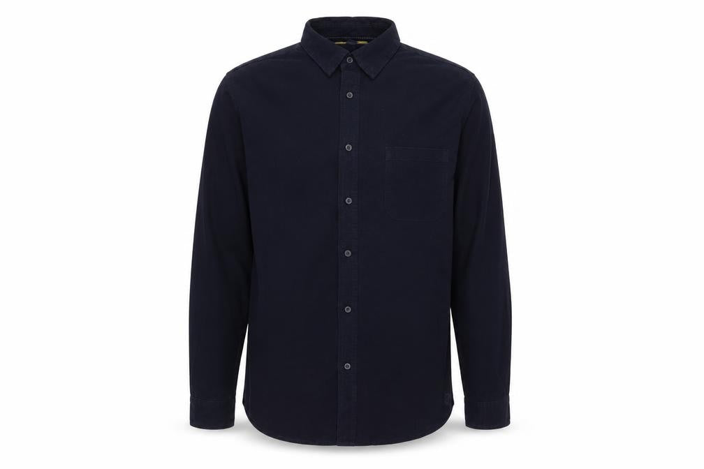 Front view of Prince Fox men’s blue cotton button-up, size L, collared button