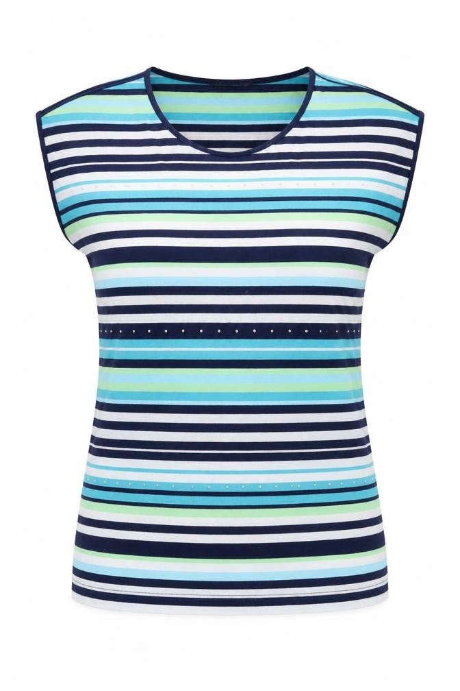 Front view of Bonmarché women’s multicoloured striped polyester basic blouse, size UK 12, scoop neck