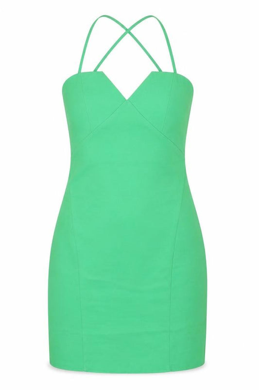 Front view of ASOS women’s green polyester mini, size UK 6, v-neck zip