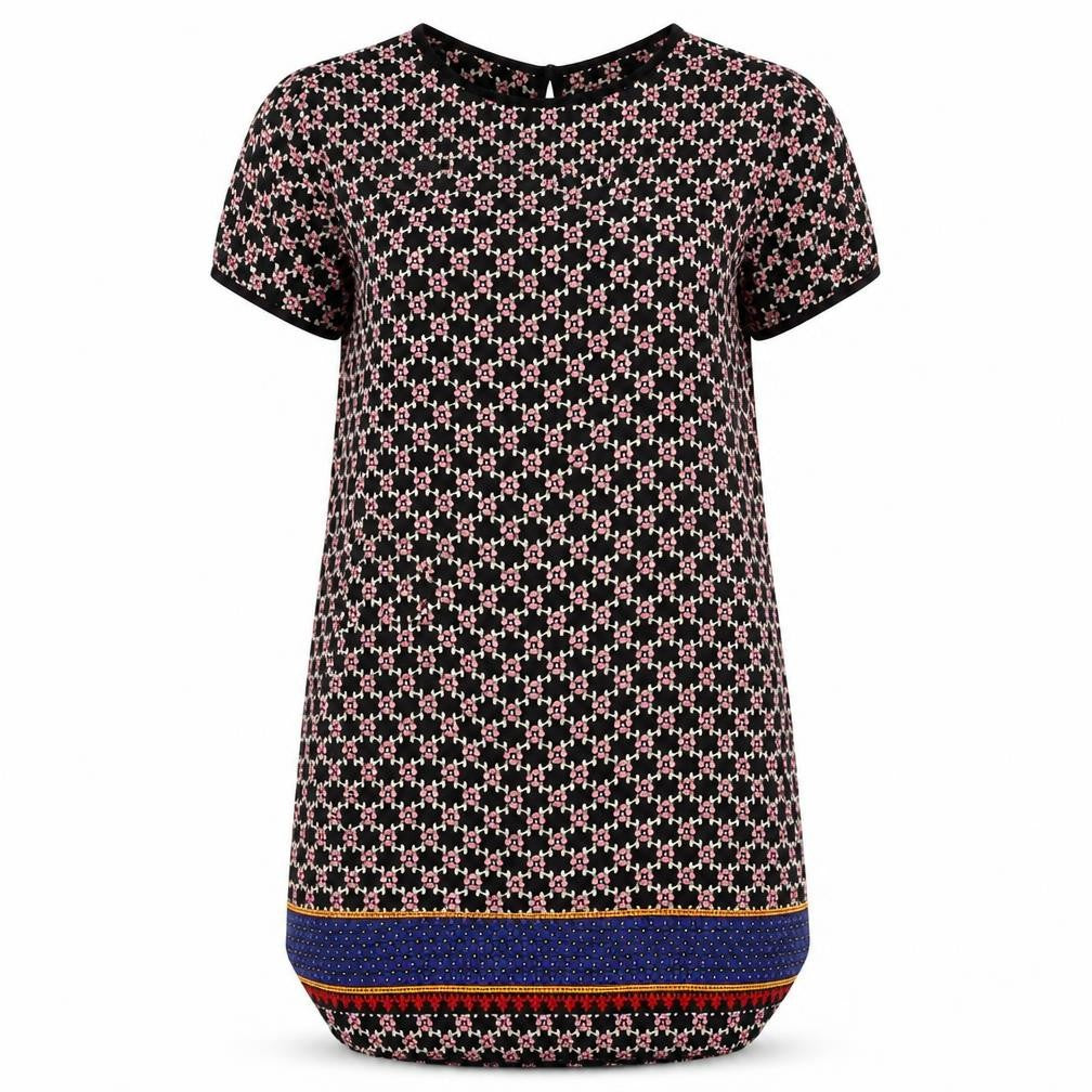 Front view of Ayanapa women’s black geometric polyester shift, size UK 14, roll neck button