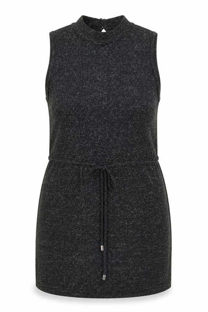 Front view of Dorothy Perkins women’s black polyester mini, size UK 8, mock neck button