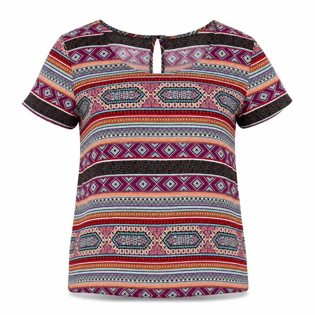 Front view of Only women’s multicoloured geometric viscose basic blouse, size S, scoop neck